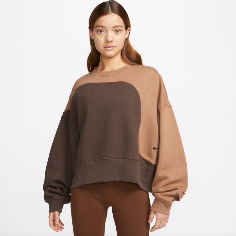 NIKE Sportswear Color Clash Women's Fleece Sweatshirt In Brown - Picture 2 of 8